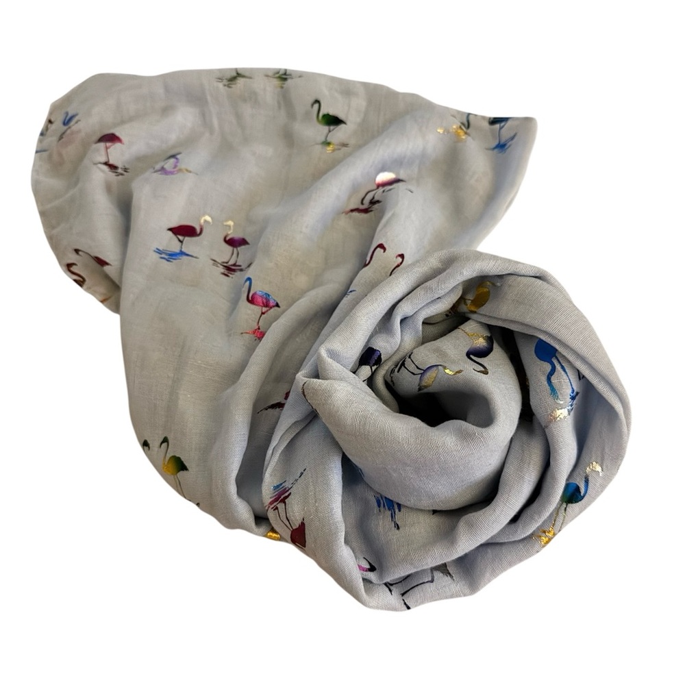 Light Blue Scarf with Colorful Bird Print